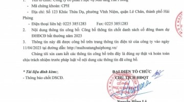 CBTT chốt danh sách cổ đông tham dự ĐHĐCĐ bất thường năm 2023