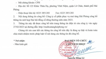 Công bố thông tin Mời họp và tài liệu họp ĐHĐCĐ thường niên năm 2023