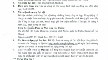 Giấy mời và Tài liệu họp ĐHĐCĐ thường niên năm 2022