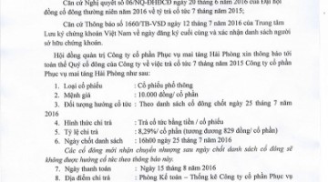 Thông báo chi trả cổ tức 7 tháng năm 2015