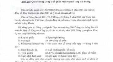 Thông báo chi trả cổ tức năm 2016 
