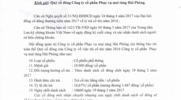 Thông báo chi trả cổ tức năm 2016 