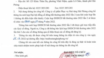 Thông báo mời họp và CBTT tài liệu họp ĐHĐCĐ bất thường (lần 2) năm 2022