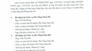 Thông báo thay đổi nhân sự: bổ nhiệm lại chức danh Phó tổng giám đốc