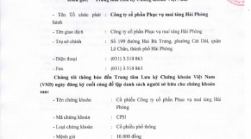 Thông báo về ngày đăng ký cuối cùng để thực hiện quyền nhận cổ tức 7 tháng năm 2015