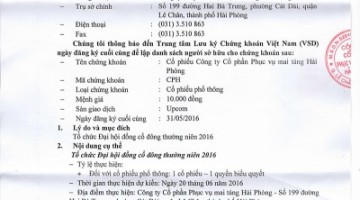 Thông báo về ngày đăng ký cuối cùng để thực hiện quyền tham dự ĐHĐCĐ thường niên 2016