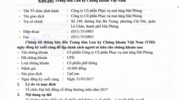 Thông báo về ngày đăng ký tham dự ĐHĐCĐ và Công bố thông tin 2017